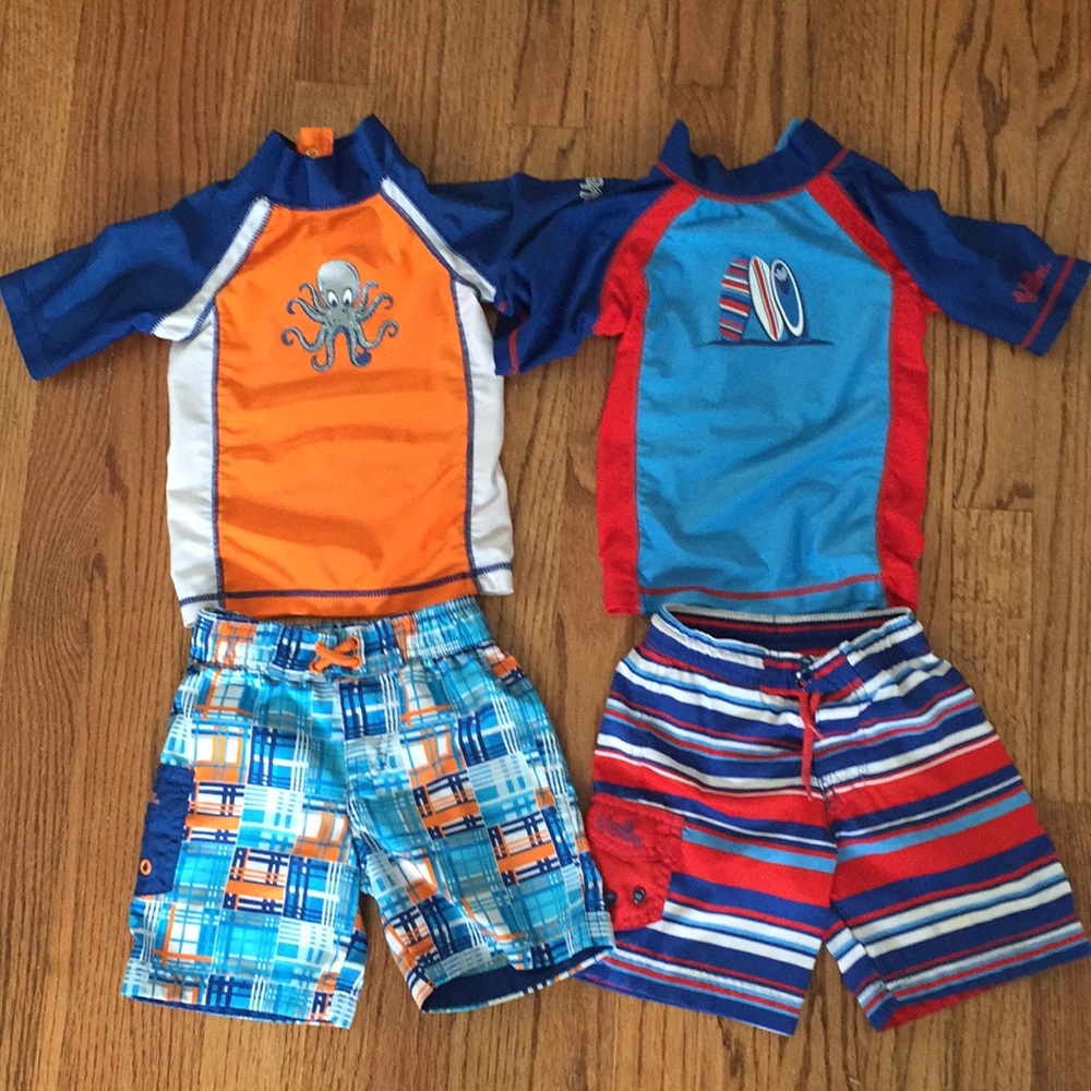2 sets of 2T boys swim trunks and rashguards